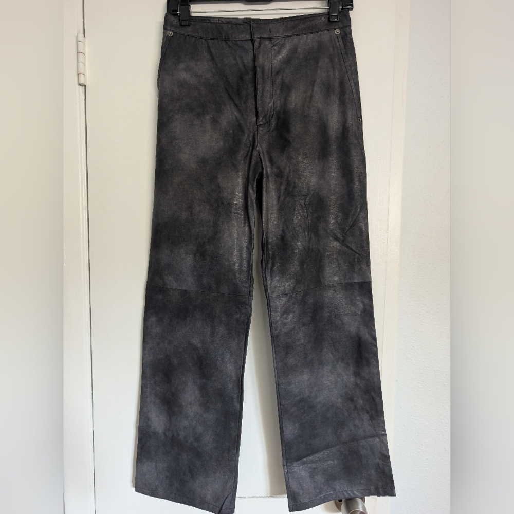 TheOpen Wide Leg Faux Leather Waxing Black And Grey Pants Jeans Trousers